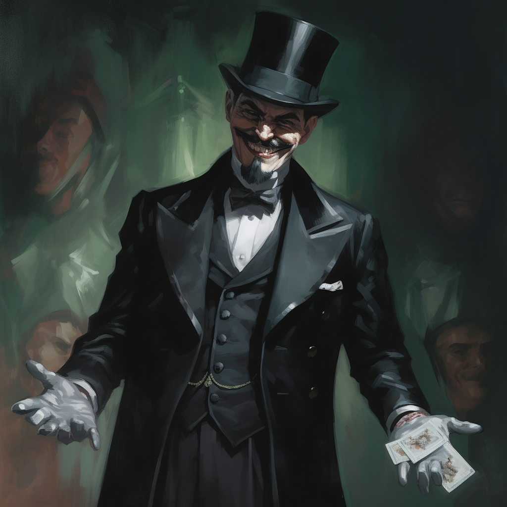 Crazy male supervillain in top hat and black suit