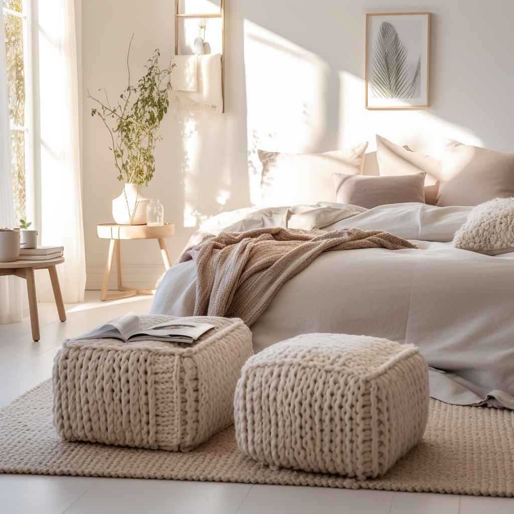 Cream cotton square pouf in front of bed