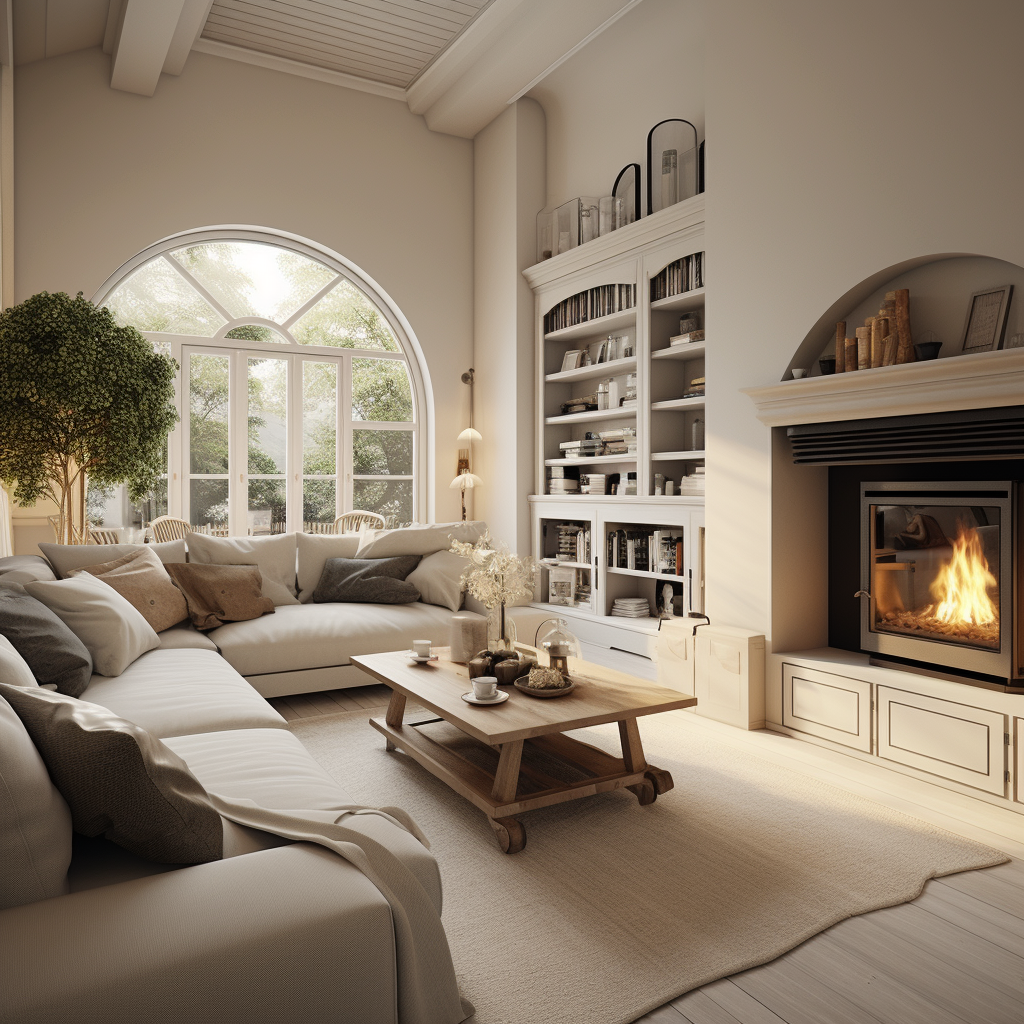 Cream sofas placed in an L shape with large windows