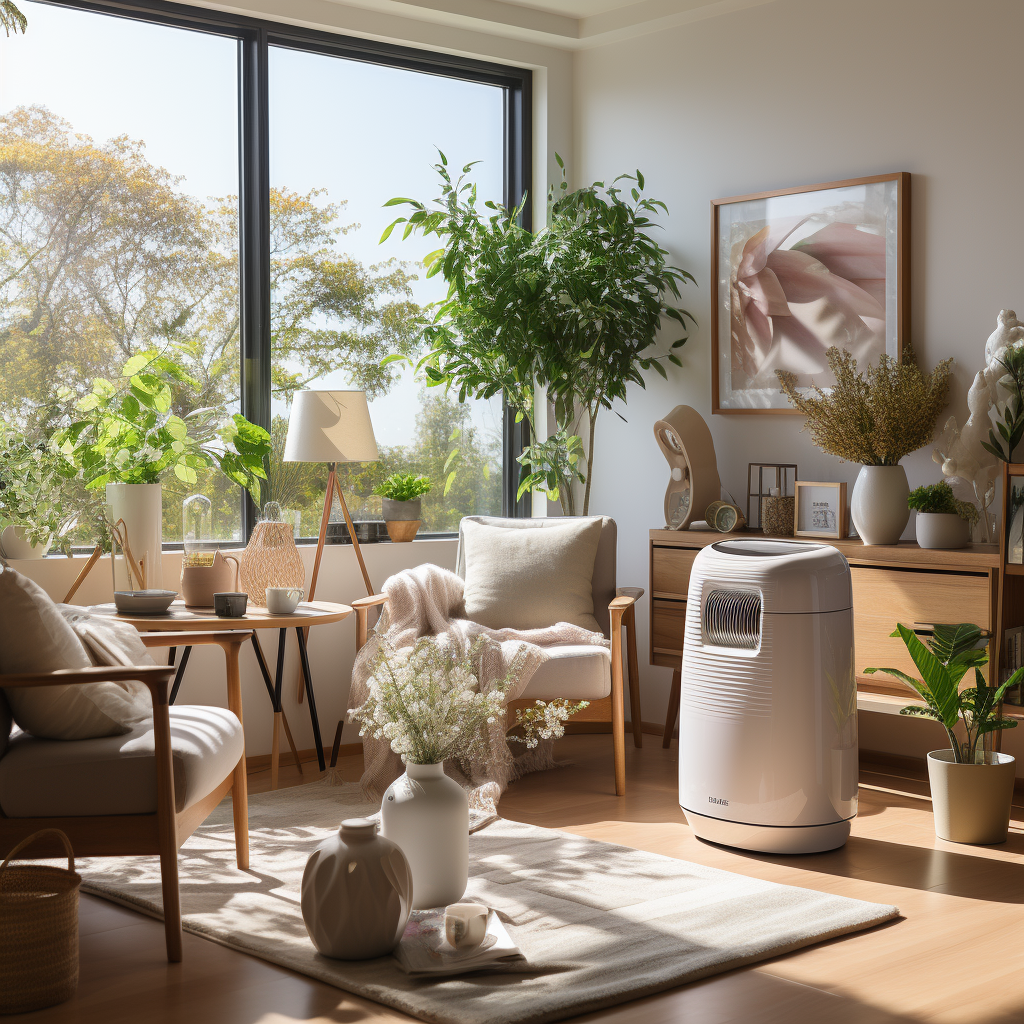 Air purifier in creamy interior living room