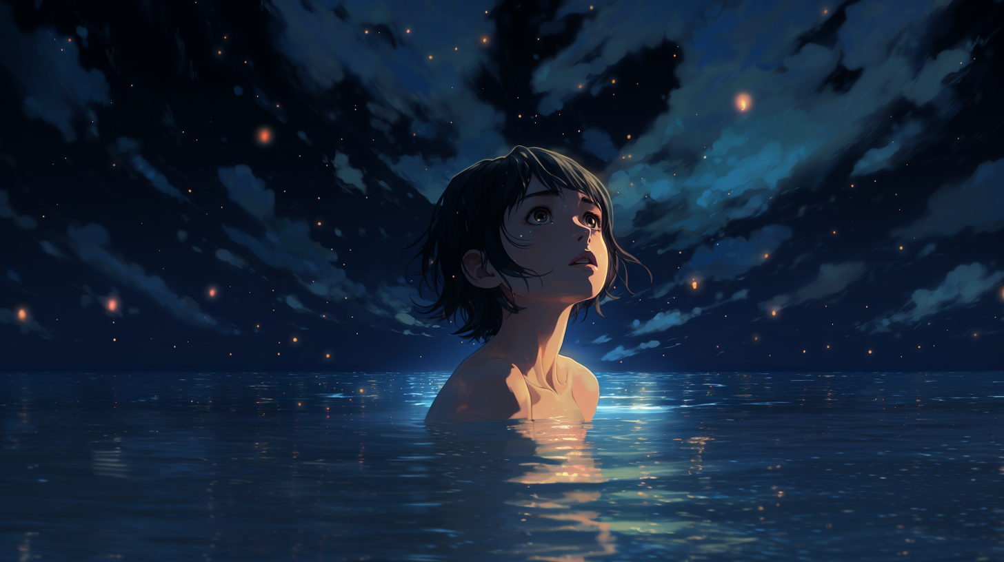 Smiling Russian girl in deep water at night with a sky full of stars