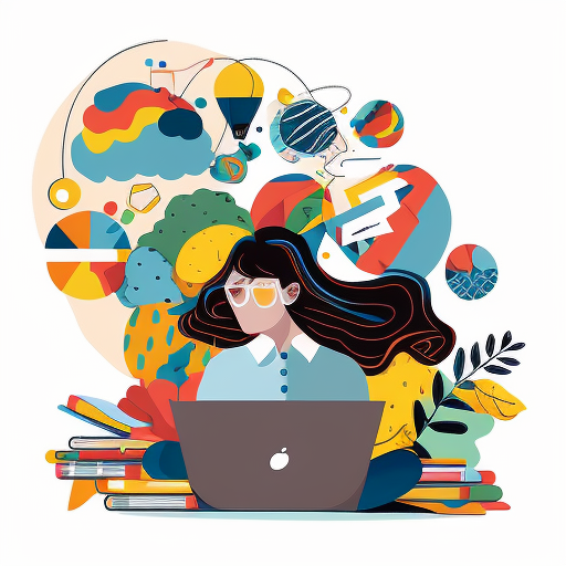 Simplified flat art vector image of a women on a laptop surrounded by stationary items