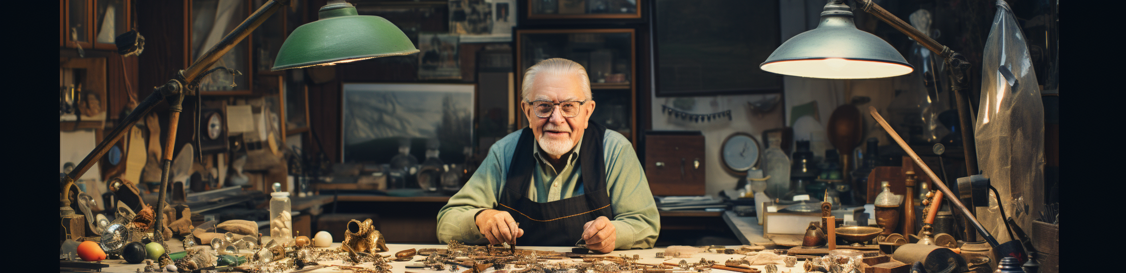 Smiley jeweller in cluttered workshop with cool equipment