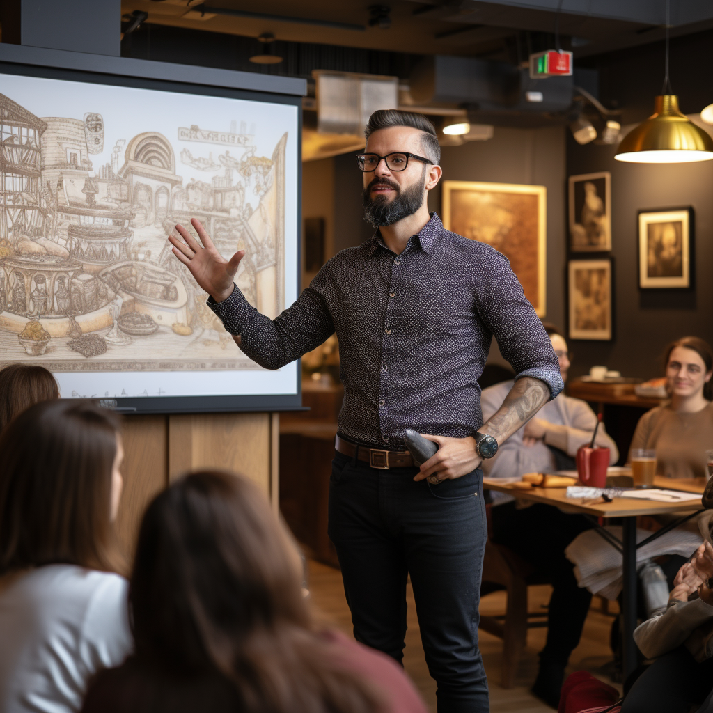 Creative director delivering inspiring presentation to staff