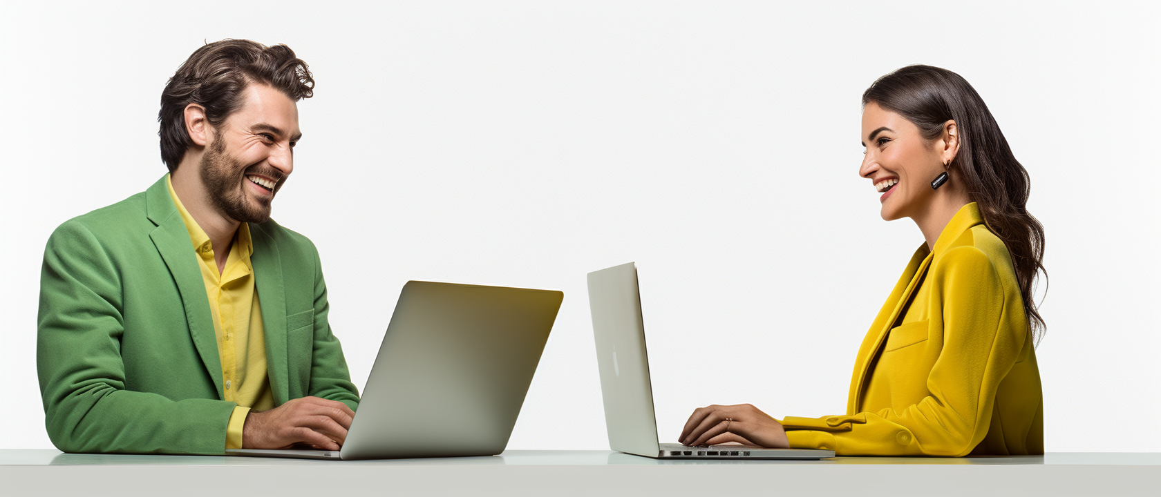 Happy man and woman working on laptops