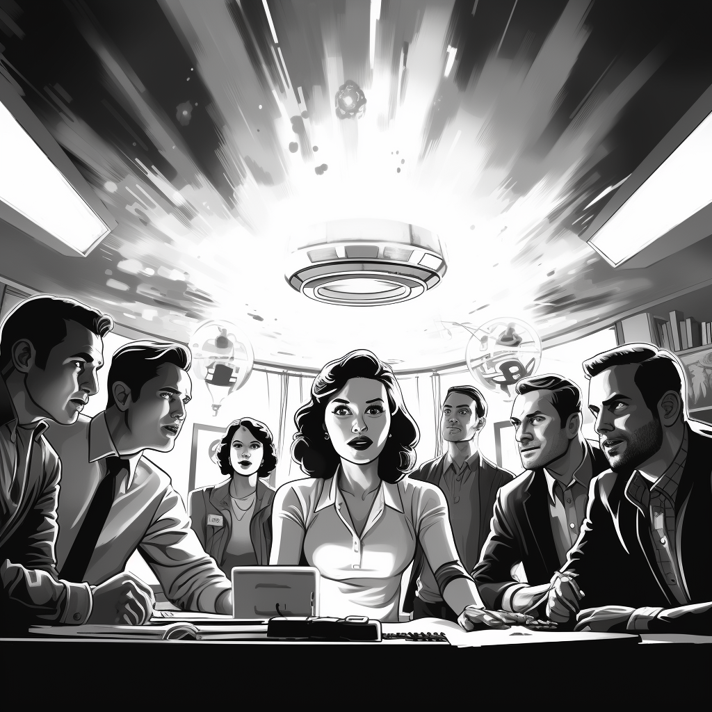 Black and white noir illustration of creative team cheering