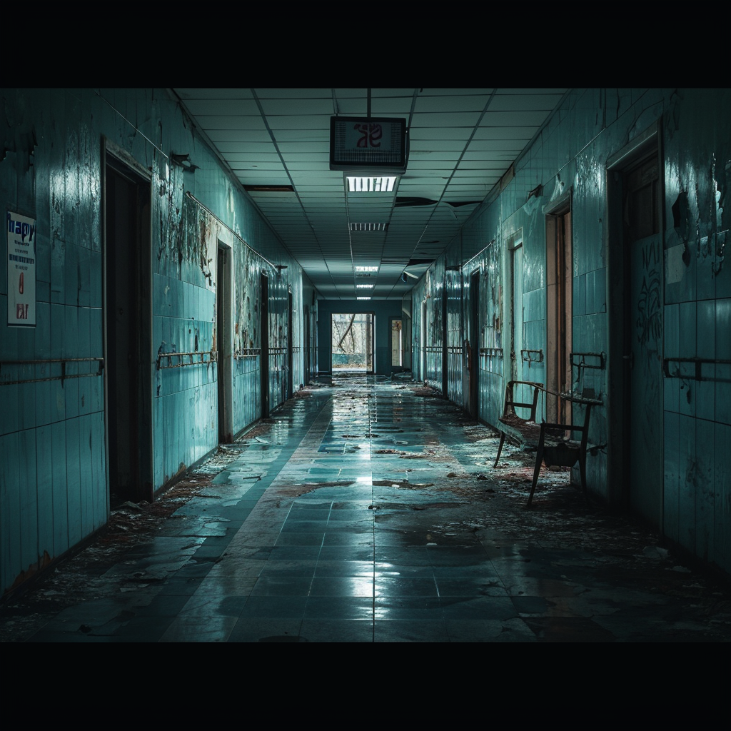 Creepy abandoned hospital with team celebrating New Year