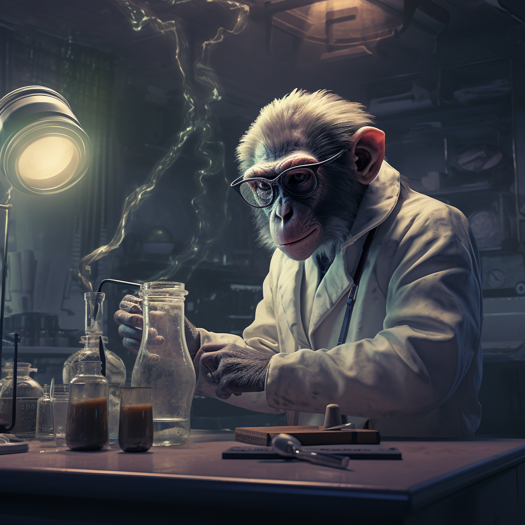 Creepy alien observing monkey in lab experiment