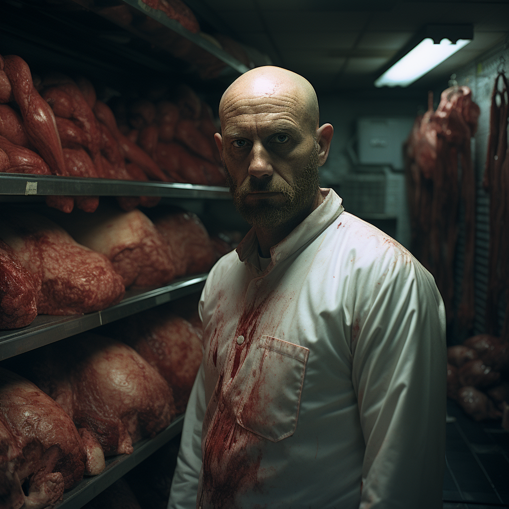 Spooky butcher standing in closed supermarket