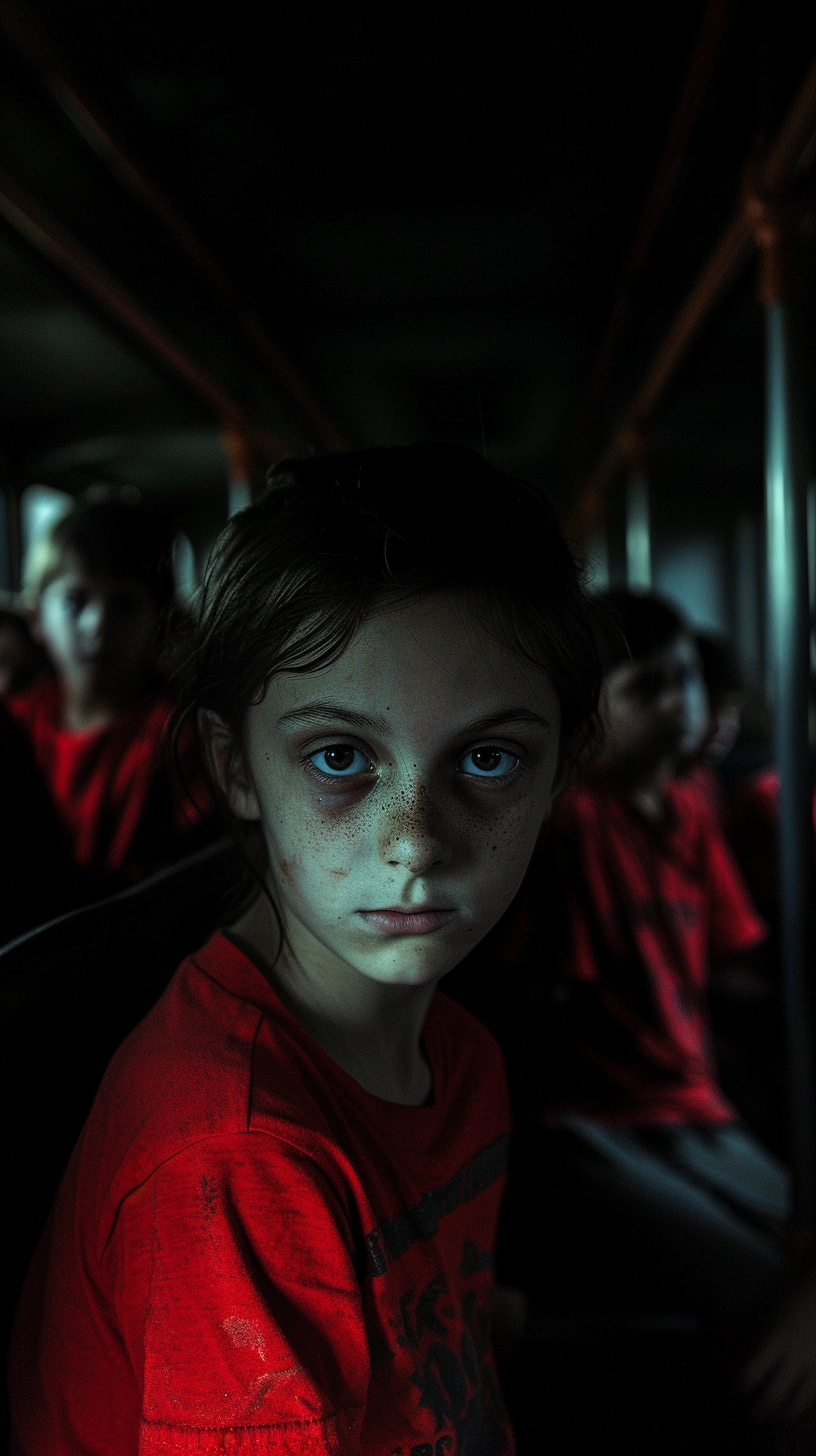 Creepy children in red t-shirts on dark train