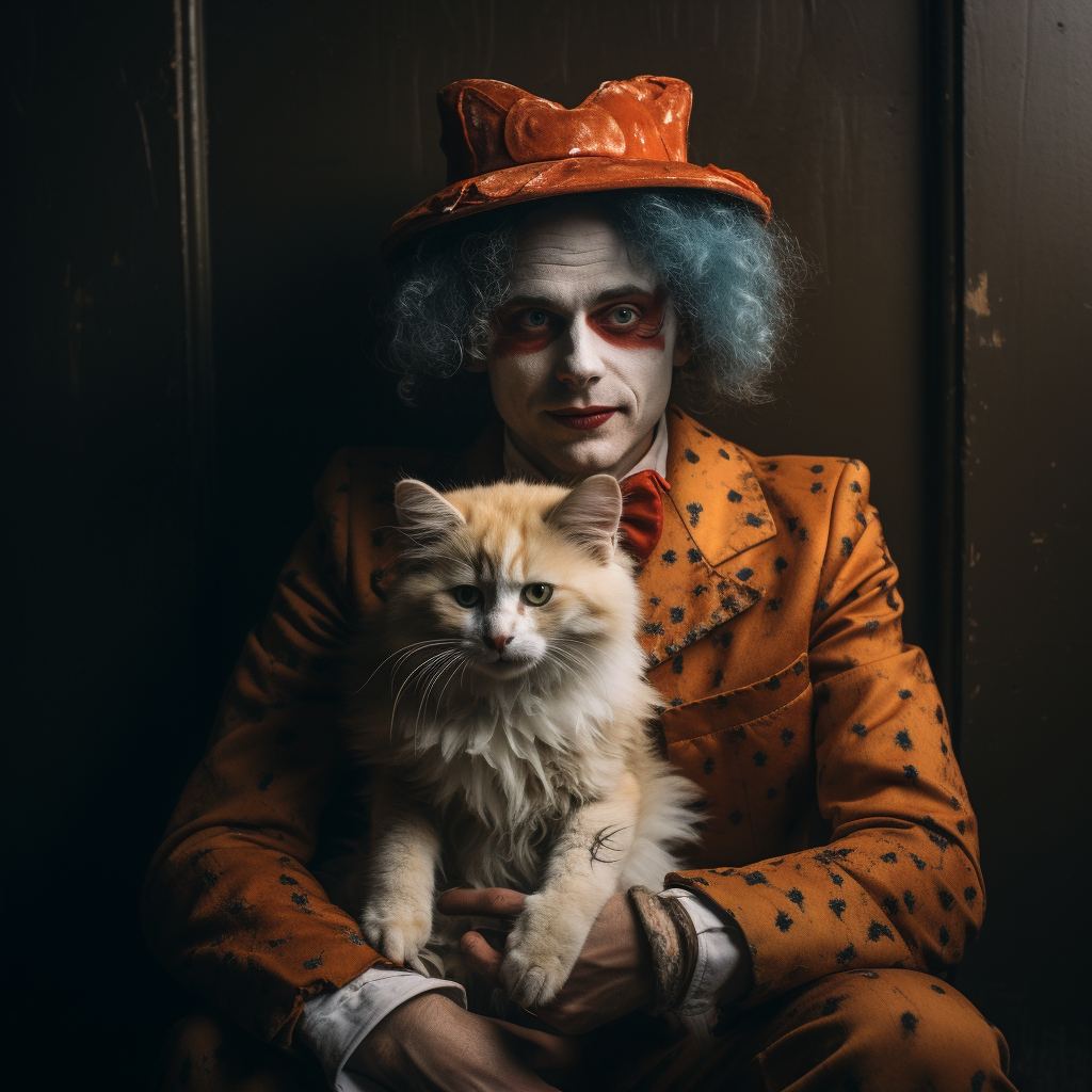 Creepy clown with pet fox dressed as clown