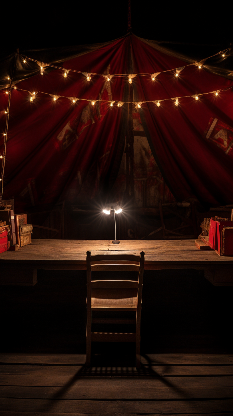 Spooky desk with lit candles in old circus tent