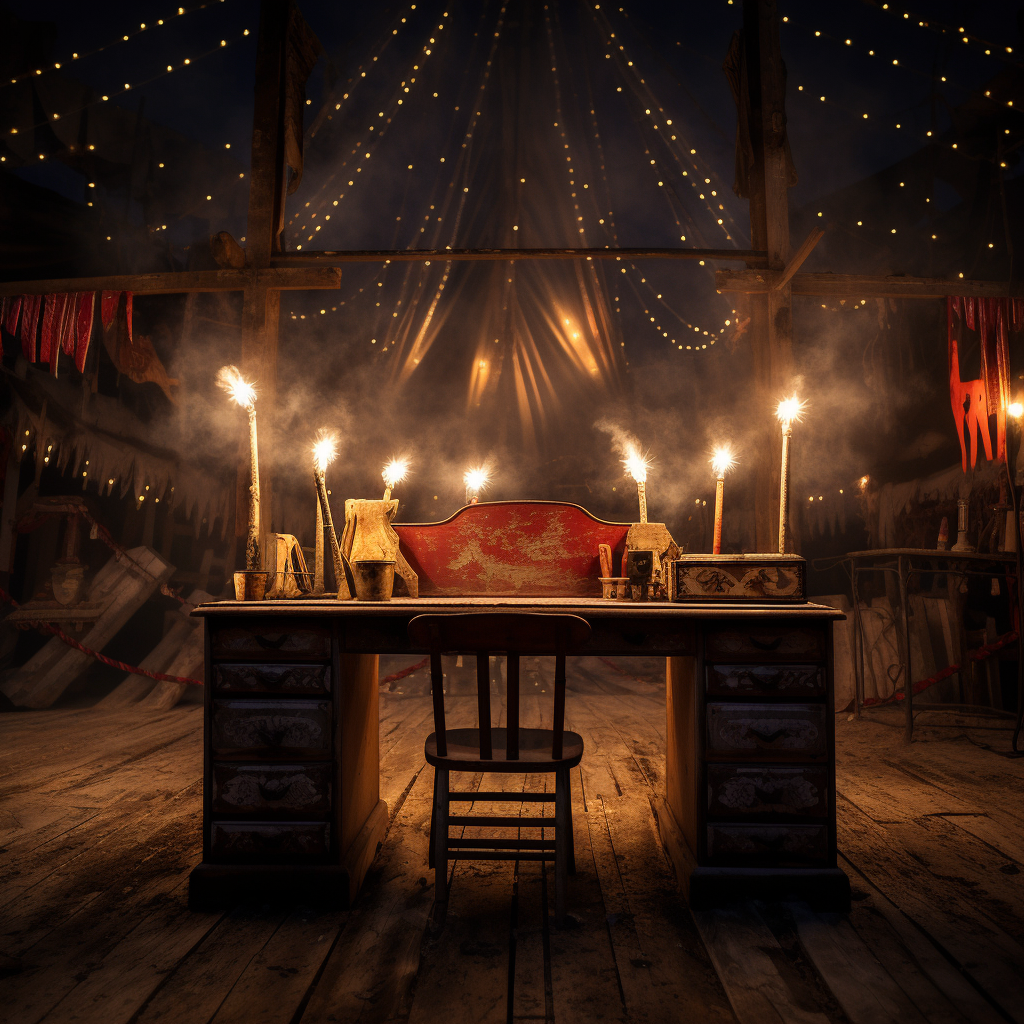 Spooky desk with candlelight in vintage circus setting