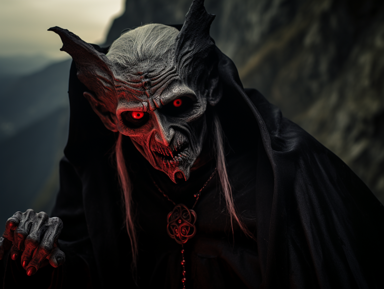 Creepy elf with red eyes on a mountain