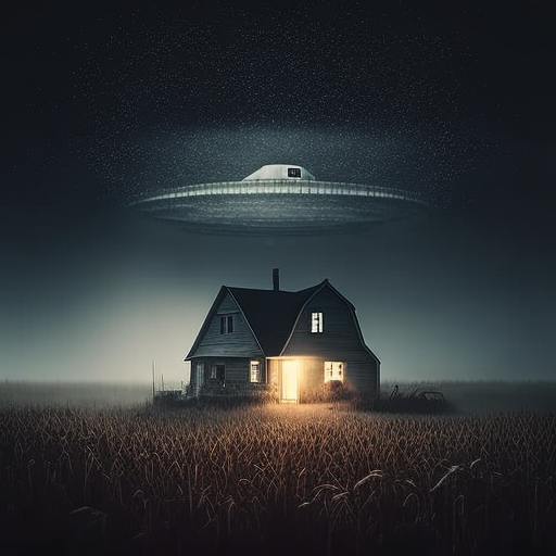 Spooky farmhouse with UFO hovering above