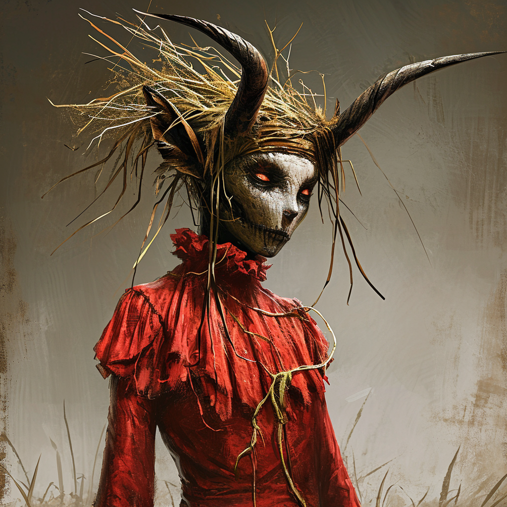 Creepy female scarecrow with antelope horns