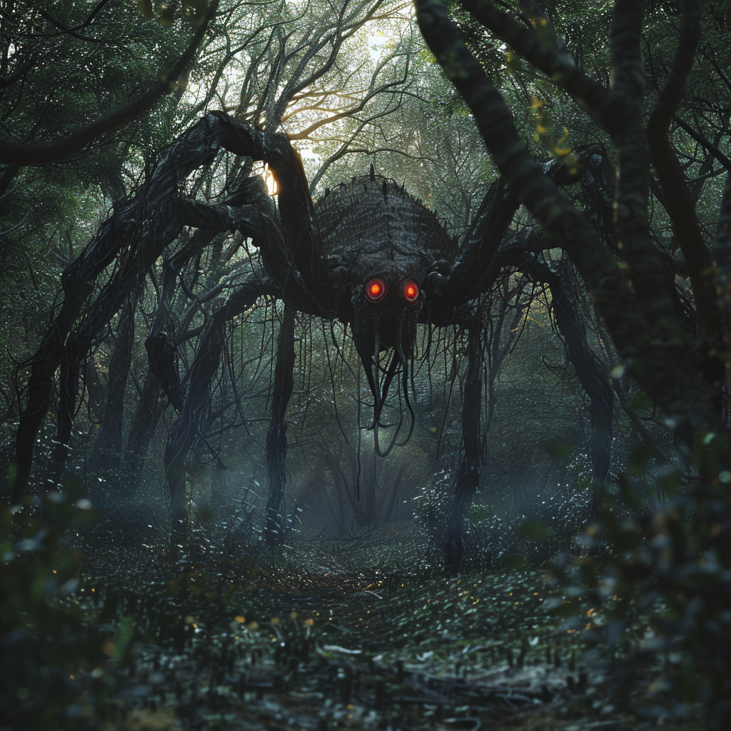 Creepy arachnomorph in twilight forest