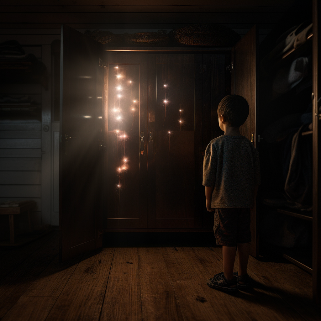 Child about to open a creepy glowing closet