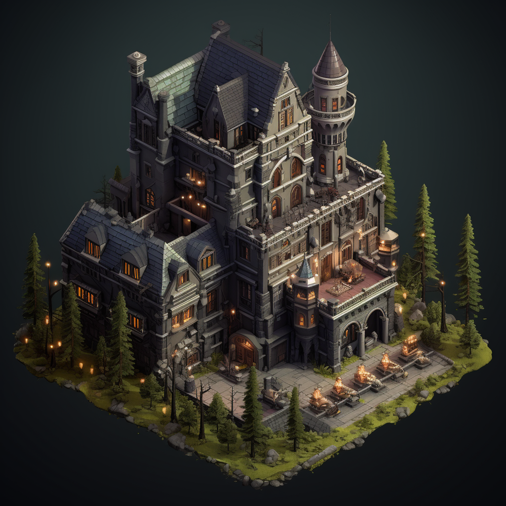 Isometric image of a creepy gothic hotel