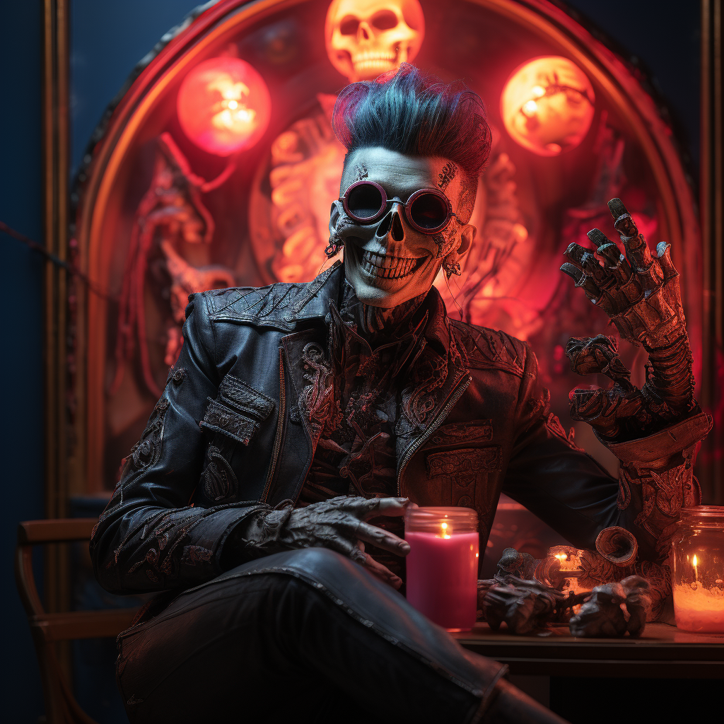 Neon laughing skeleton with rockabilly hairstyle and ruby eye