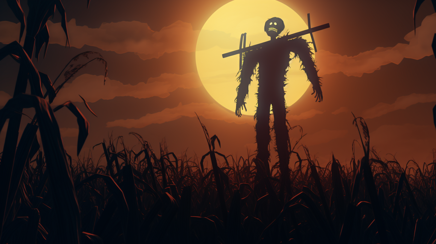 Animated creepy scarecrow in night cornfield