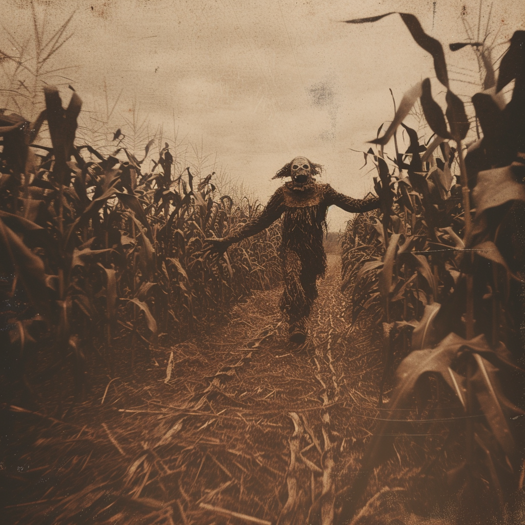 Scary nightmarish cornfield scarecrow running towards you