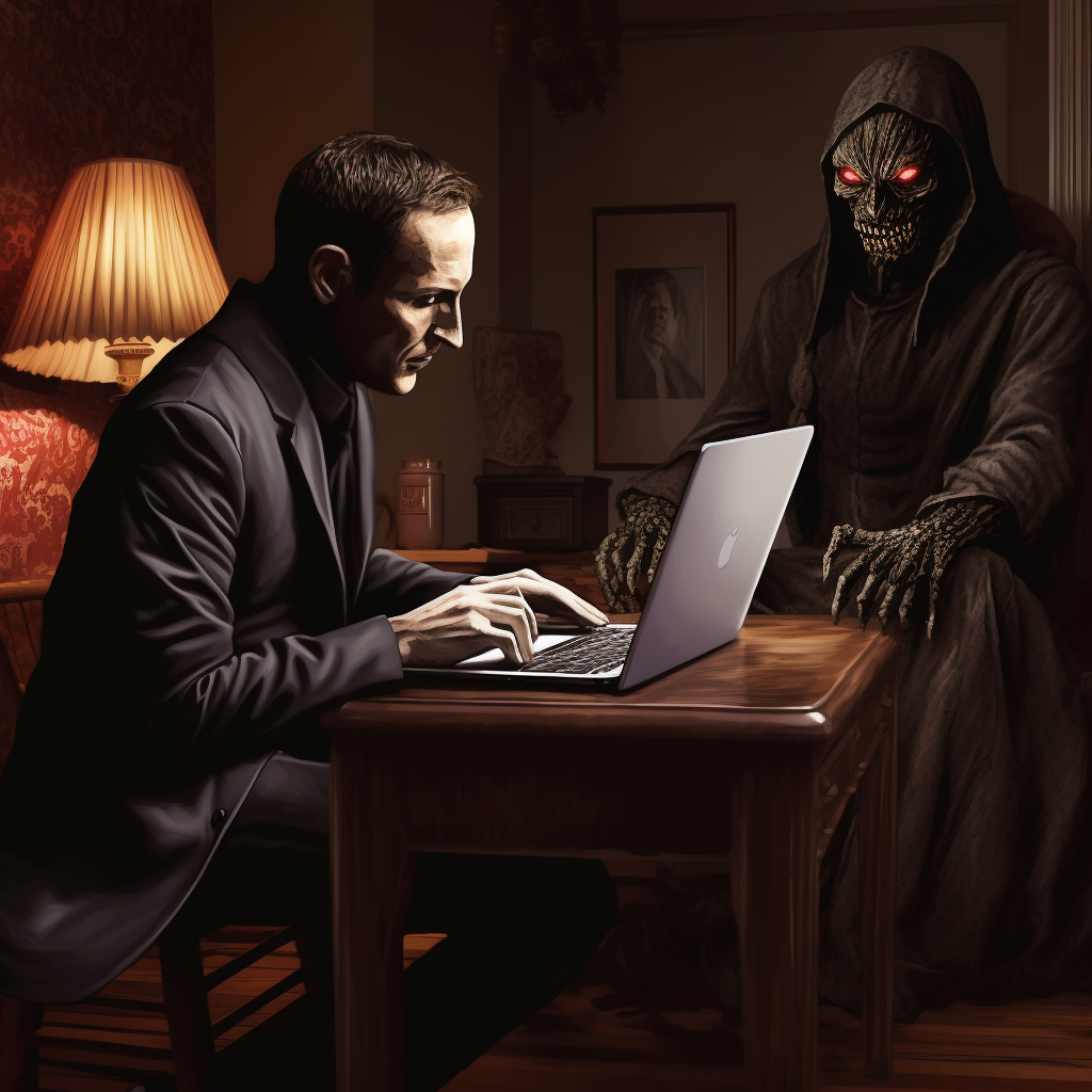 Sinister Peg Character Creeping on Laptop User