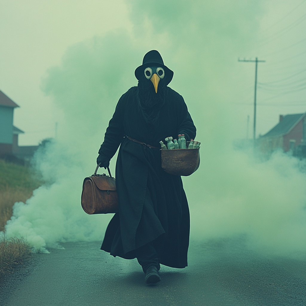 Plague doctor walking in eerie town