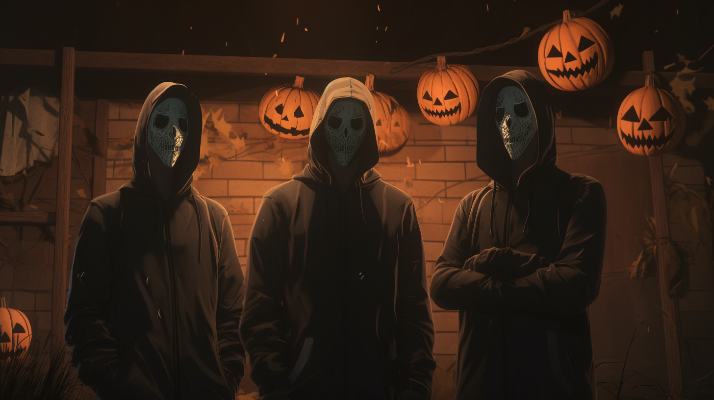 Four men wearing pumpkin heads and smoking cigarettes