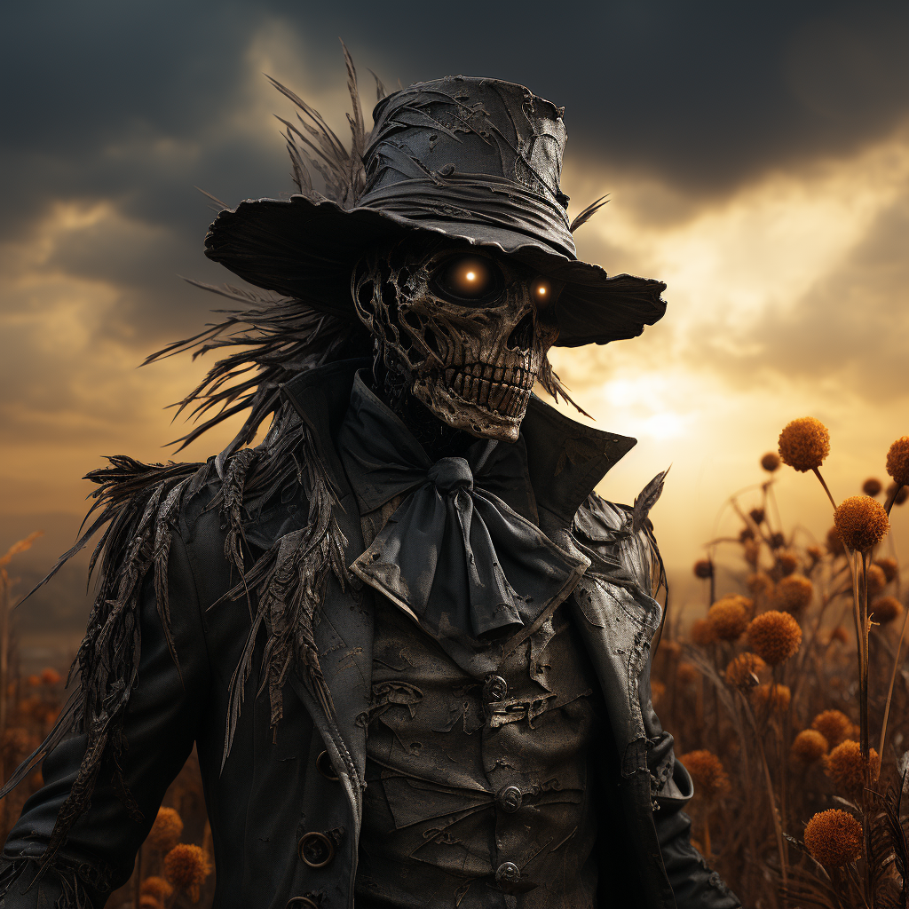 Spooky skeleton scarecrow in black suit and hat