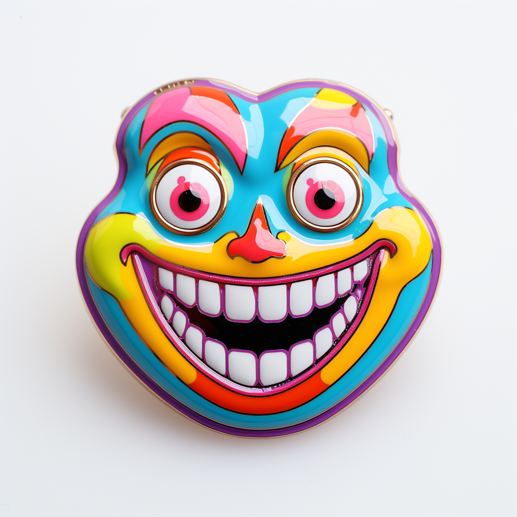 Colorful pin badge with creepy smiling character