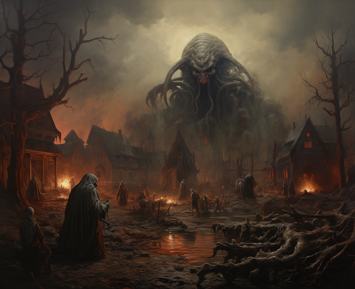 Cthulhu in vintage creepy village