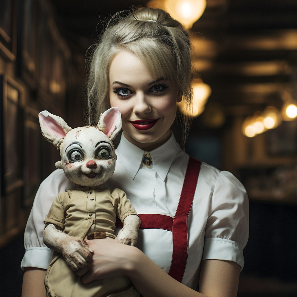 Creepy doll-like waitress with bunny mask