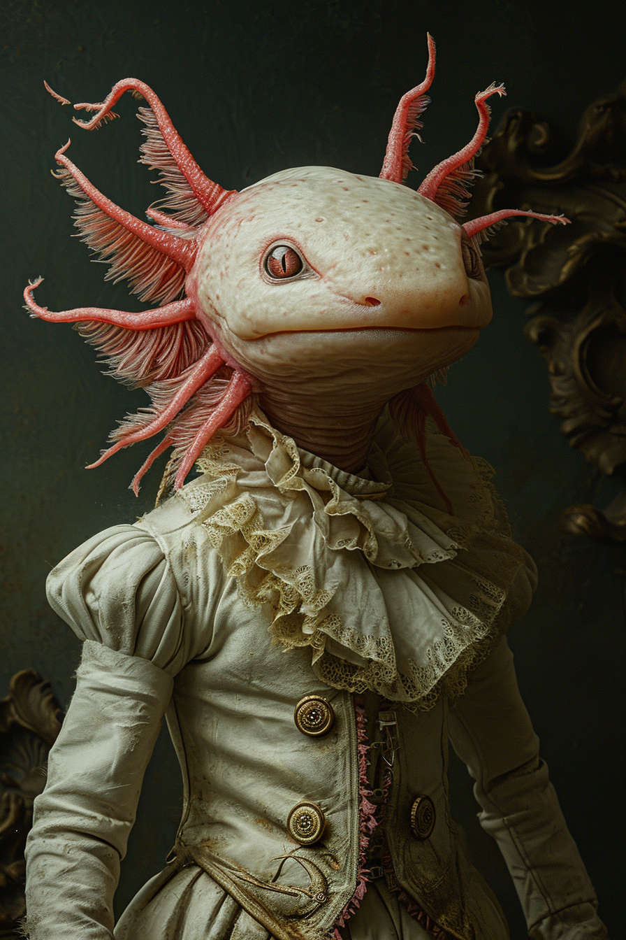 Creepy humanoid axolotl in vintage oil painting