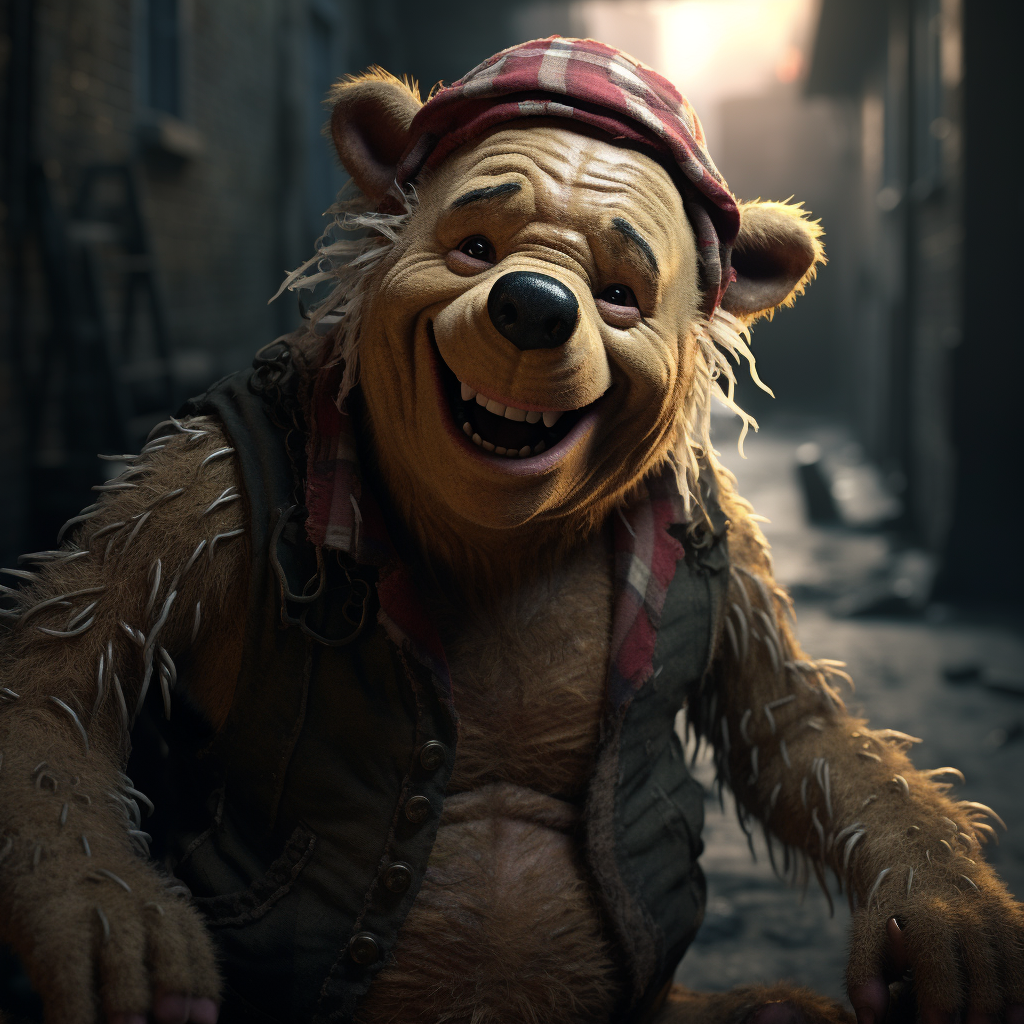 Creepy Winnie The Pooh with big eyes and teeth