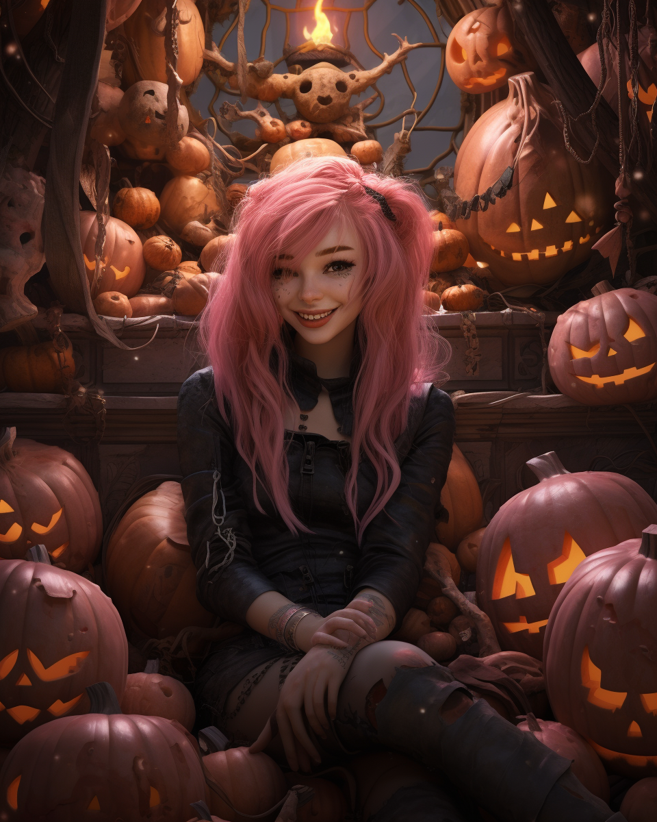 Creepy witch with pumpkins in a haunted house