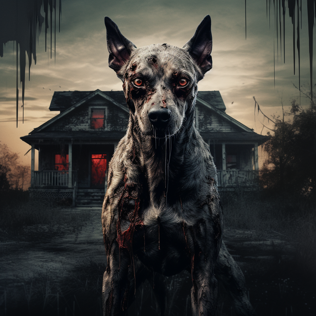 Creepy zombie dog in front of haunted house