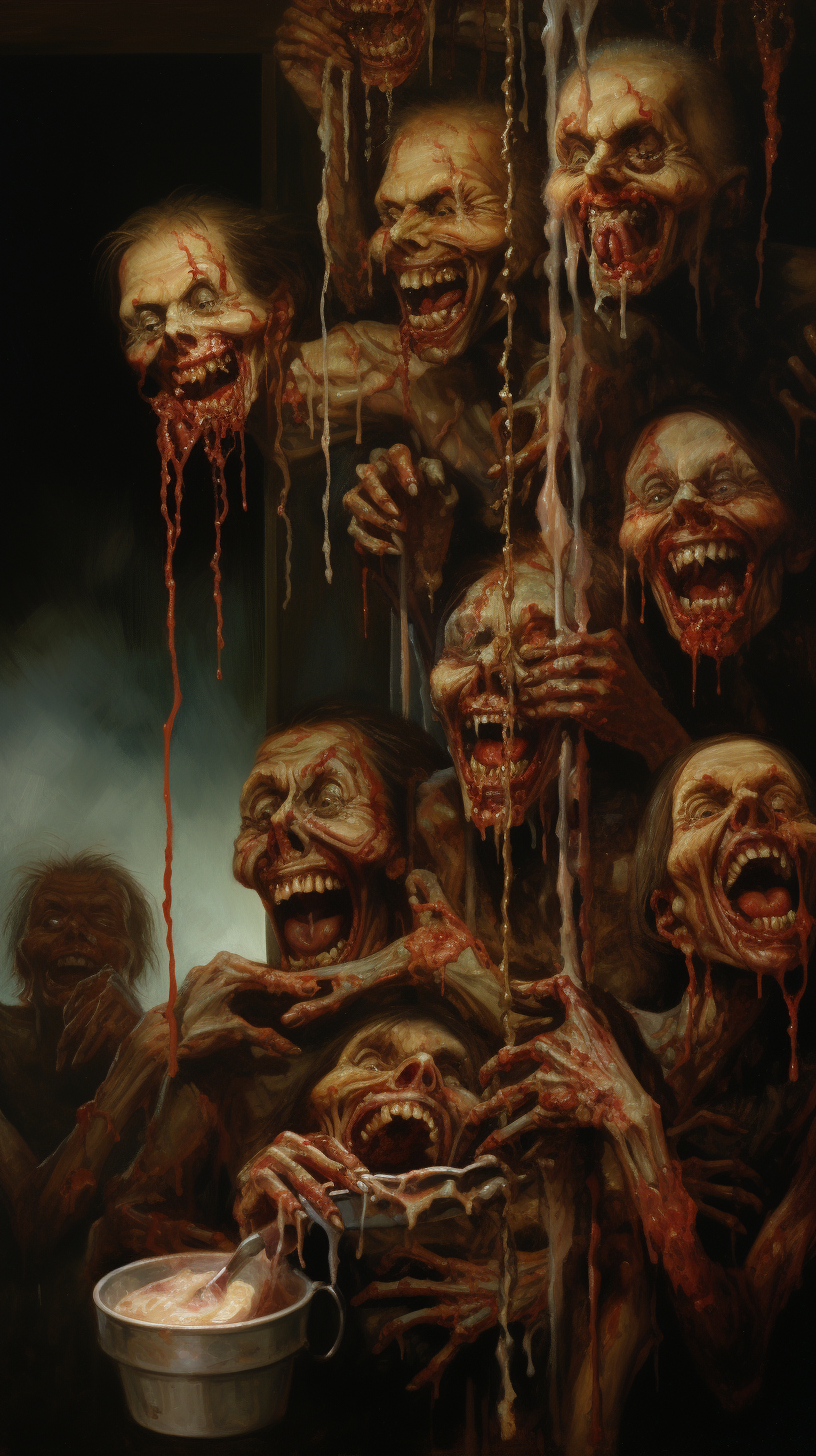 Creepy zombies eating meat chains