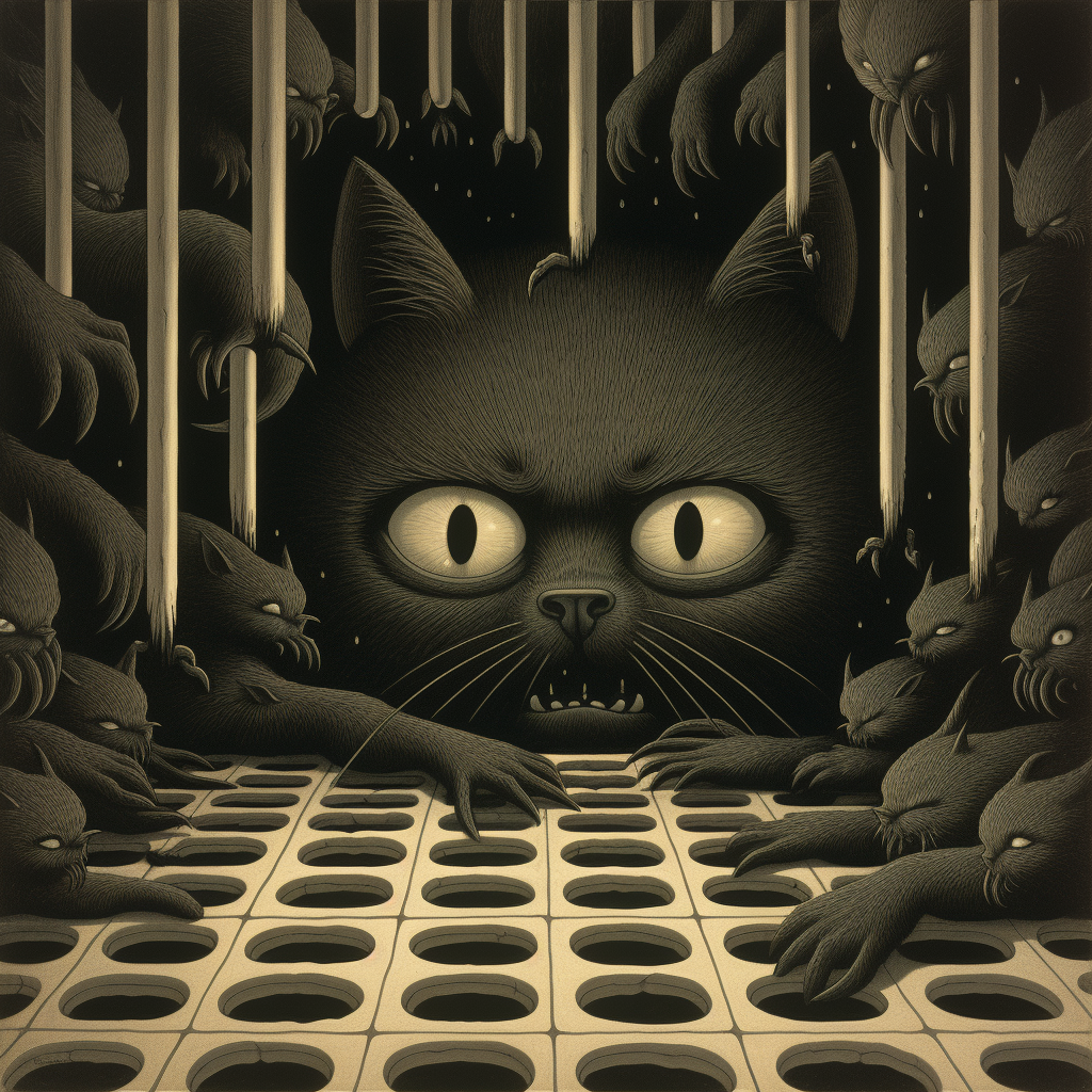 Creepy black cat with hidden creatures - Grant Wood