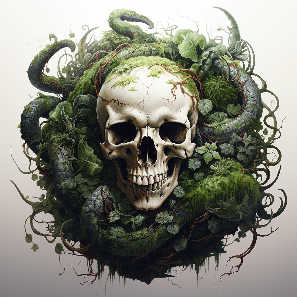 Fantasy Creepy Crawly Skull Among Greenery and Moss