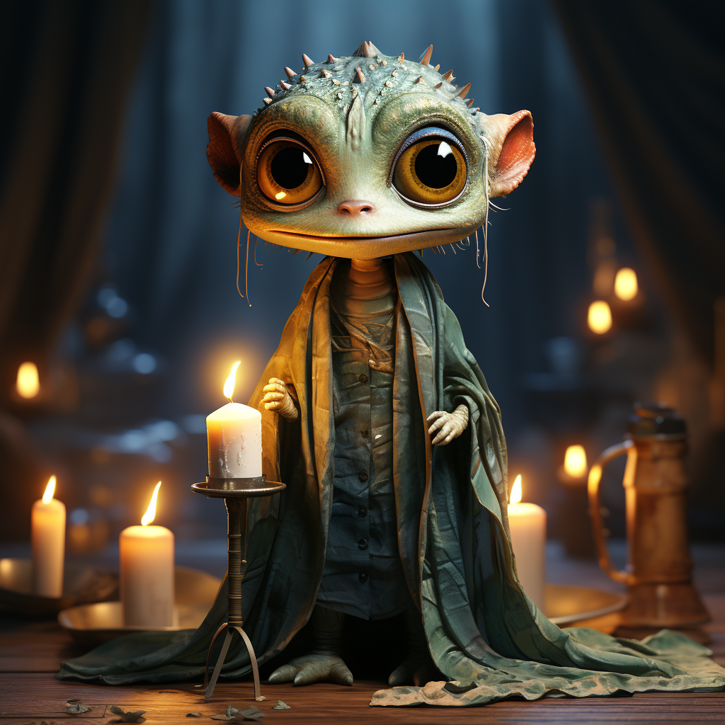 Creepy cute cartoon character holding a candle