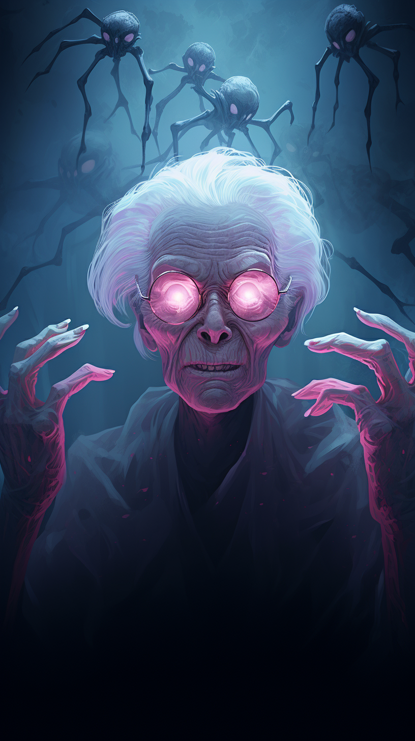 Hand-drawn creepy elderly spider woman