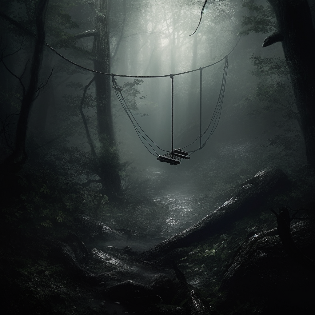 Eerie ropeswing in dark forest