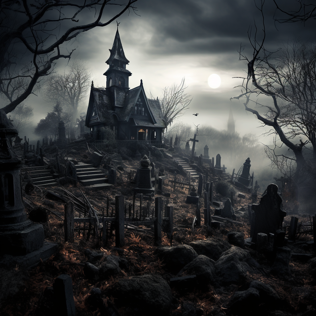 Creepy house on hill surrounded by graveyard