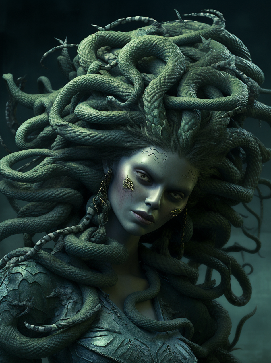 Surreal image of a creepy Medusa with evil snake hair