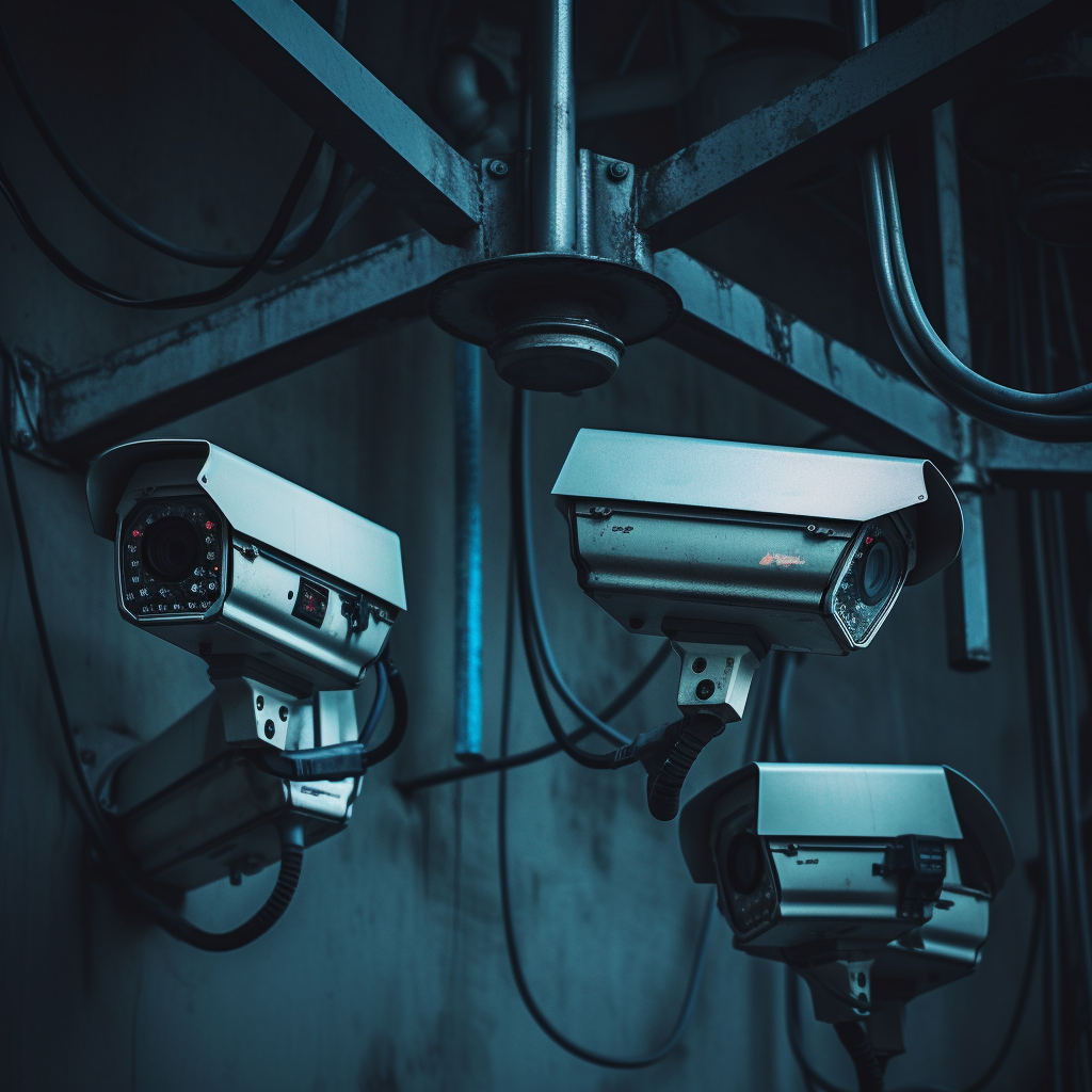 Creepy security cameras on a dark background