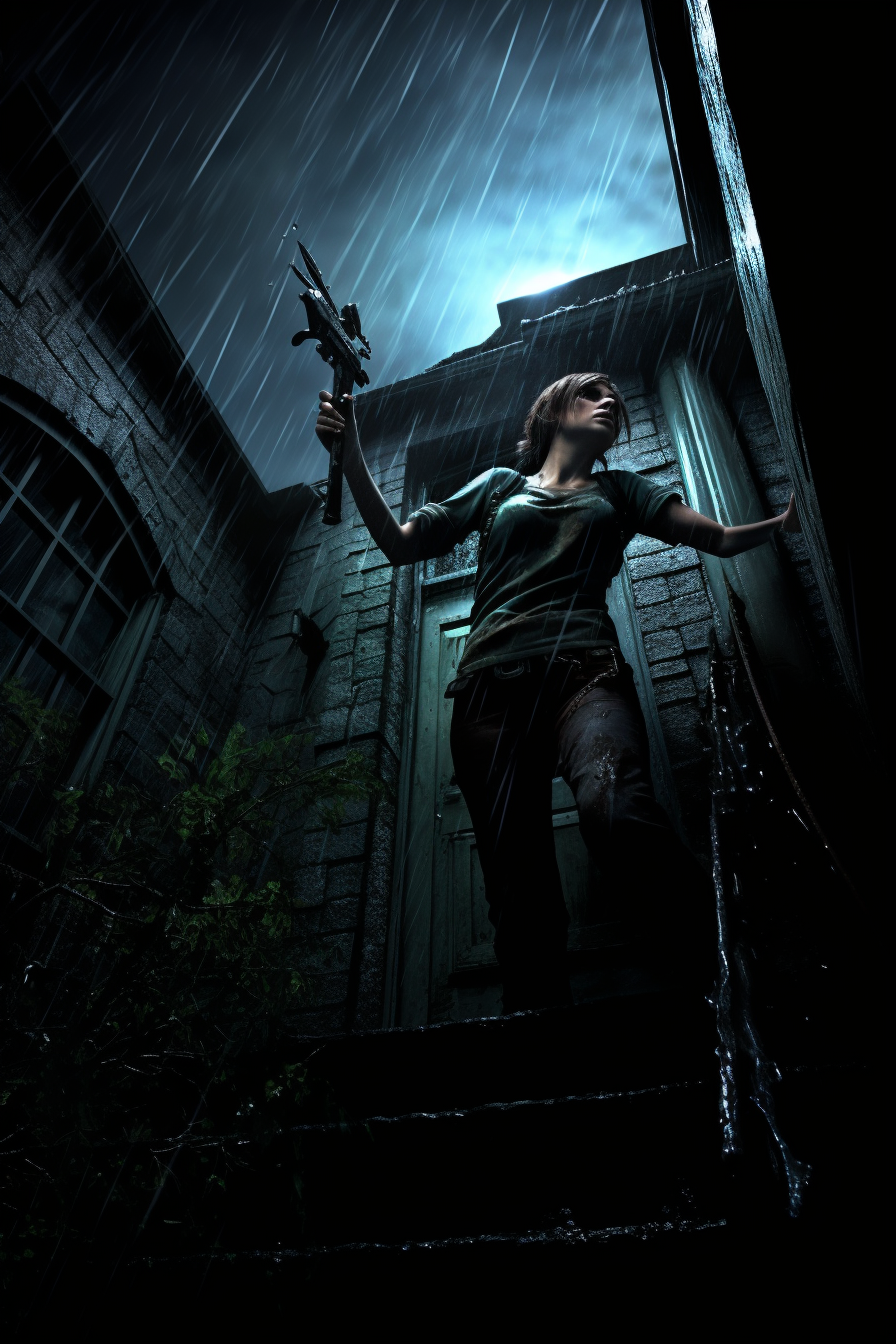 Woman reloading handgun in creepy gothic mansion