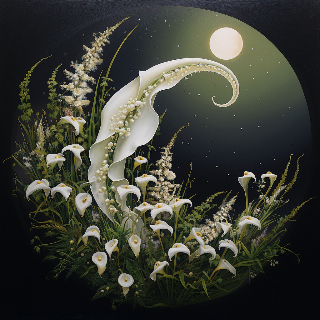 Serene Crescent Moon and Lilies of the Valley