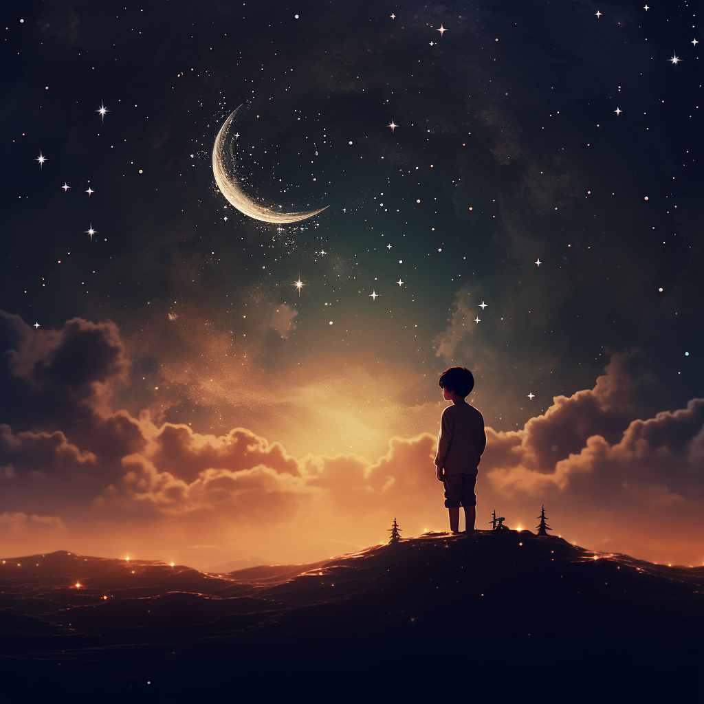 Silhouette of a young boy under crescent moon and stars