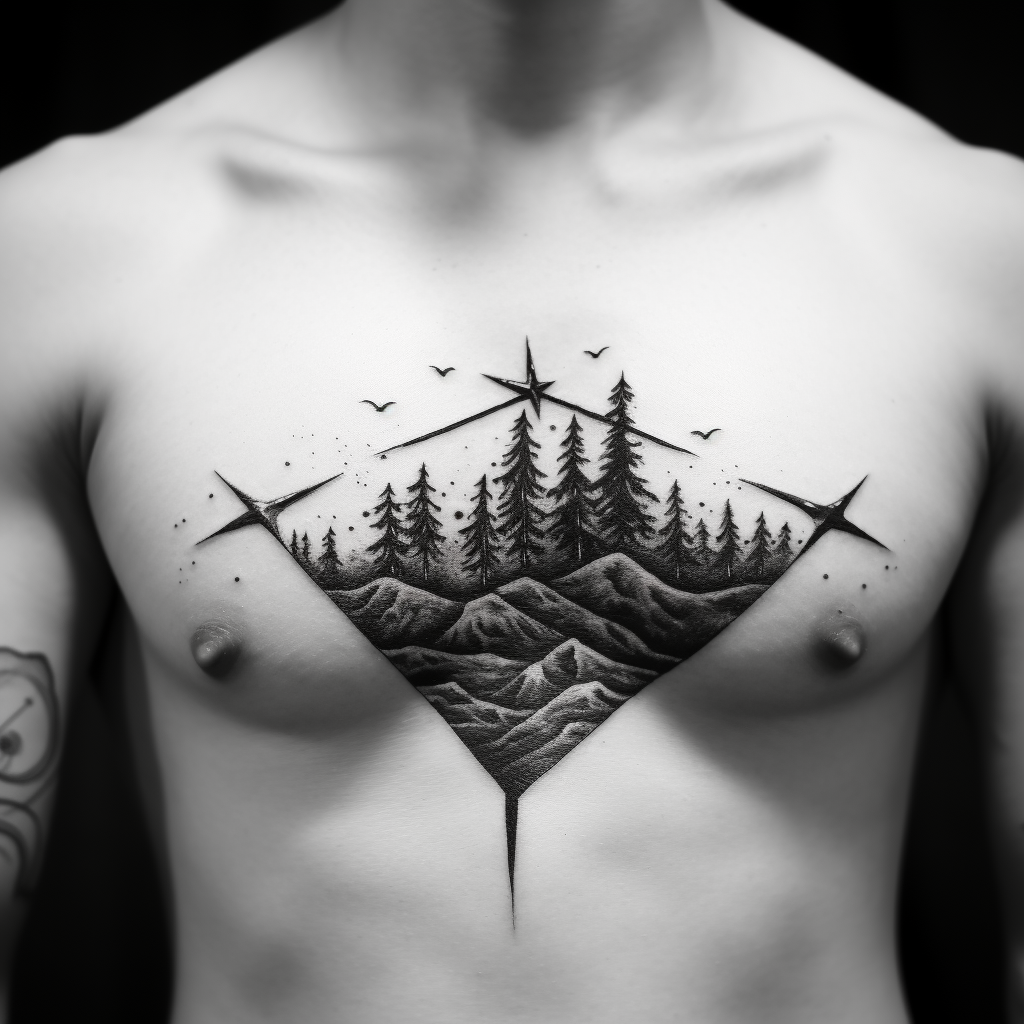 Simple crest tattoo with axe, arrow, trees, mountains, and fire